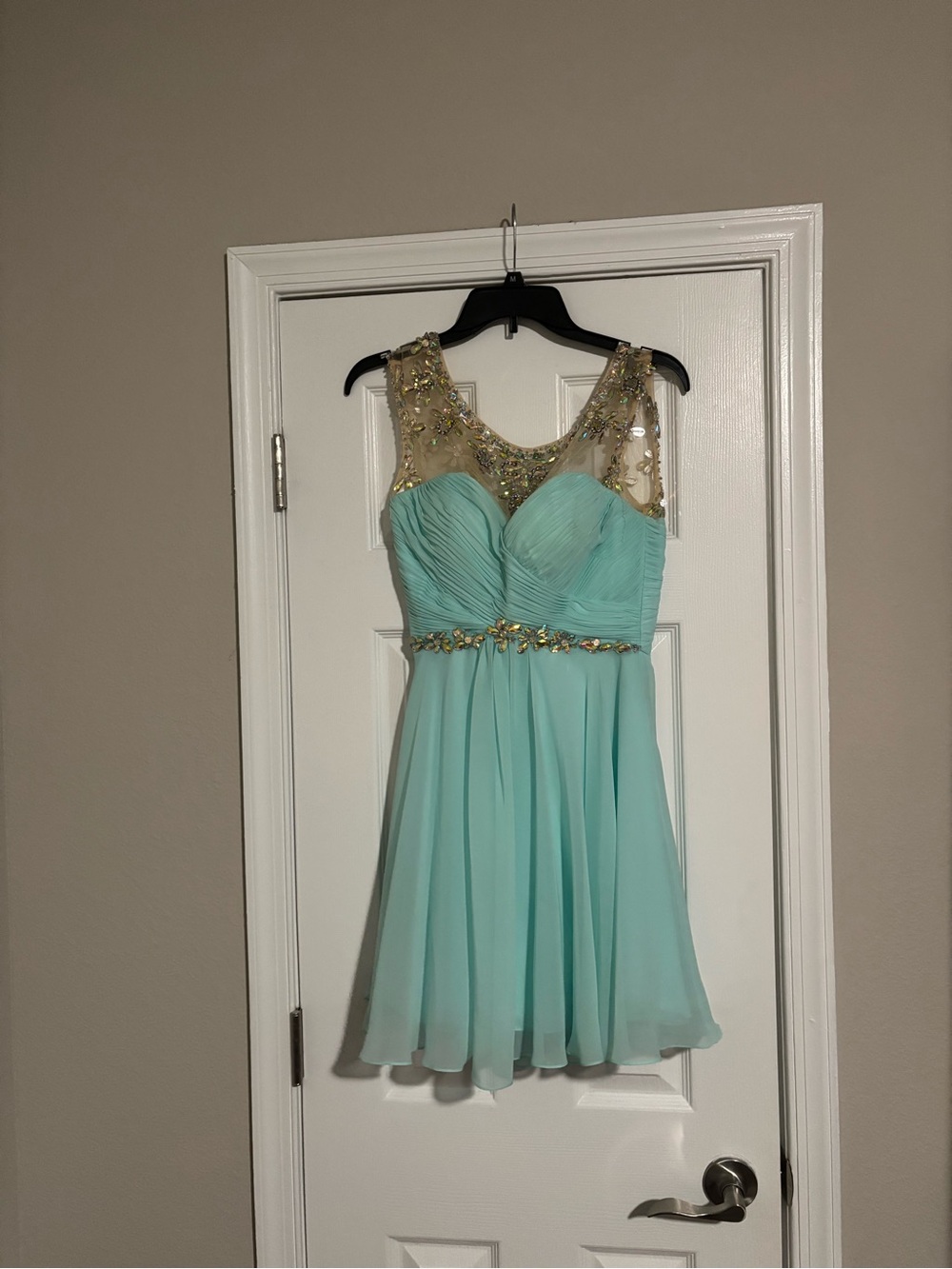 Rachel Allan Mint Chiffon Dress with Gold Beaded Illusion Bodice
